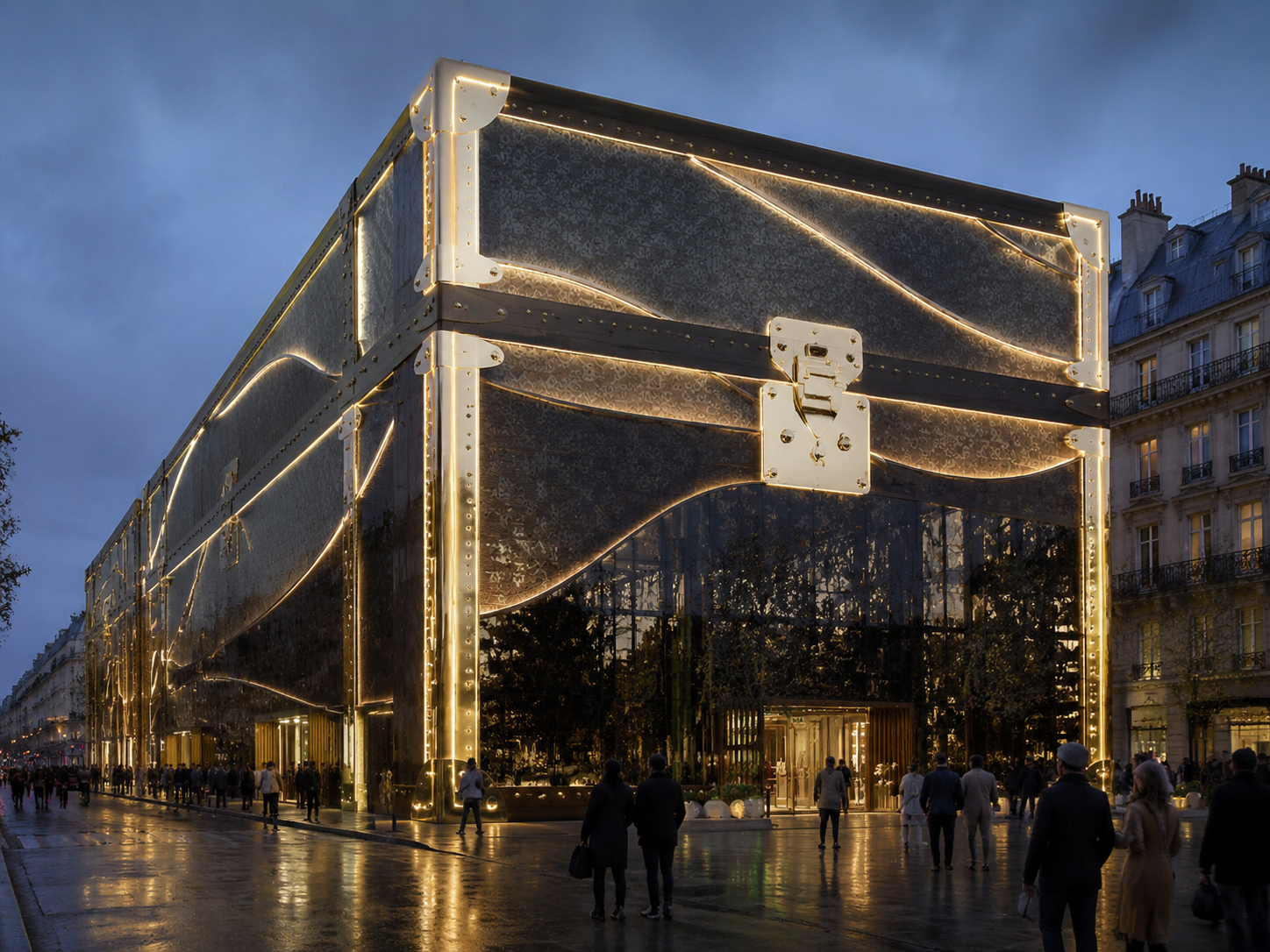 Conceptual luxury exhibition façade at blue hour
